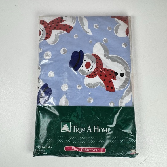Other - Vtg Trim A Home 70" Round Vinyl Flannel Backed Tablecloth Snowman NOS Christmas